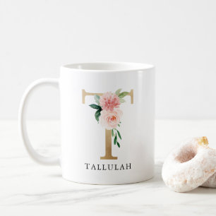 Rosa Blütenfarben, goldener Letter T Monogram Kaffeetasse
