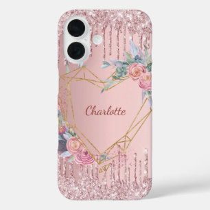 Rosa blütenfarbene Tropfen Monogramm iPhone 16 Hülle