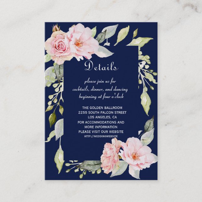 Rosa Blütenflora Navy Blue Hochzeitsdetails Begleitkarte (Vorderseite)