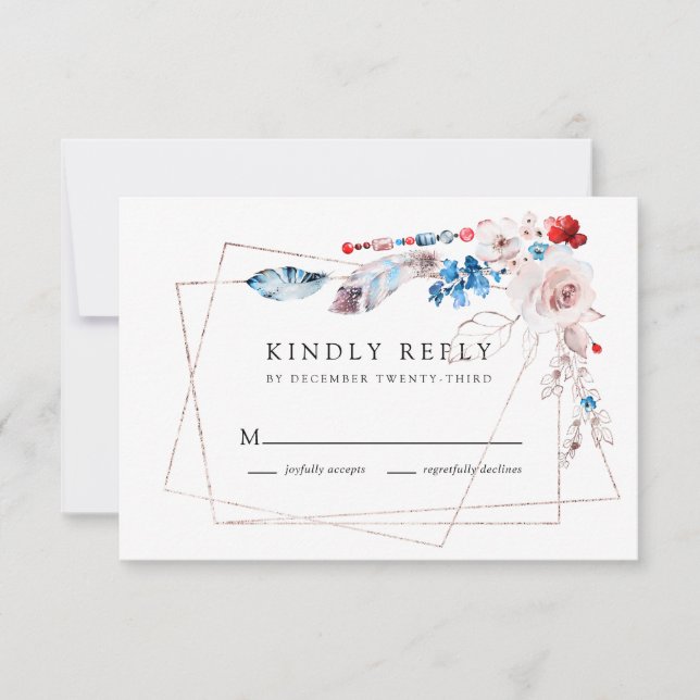 Rosa Blütenflora und Boho Blue Feathers Wedding RSVP Karte (Vorderseite)