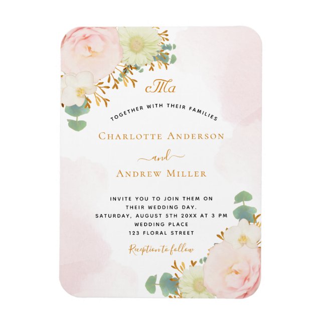 Rosa Blütenflorale Mono Hochzeit Magnet (Vertikal)