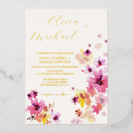 Rosa Blütengelbe Blumen Botanische Hochzeit Gold Folieneinladung