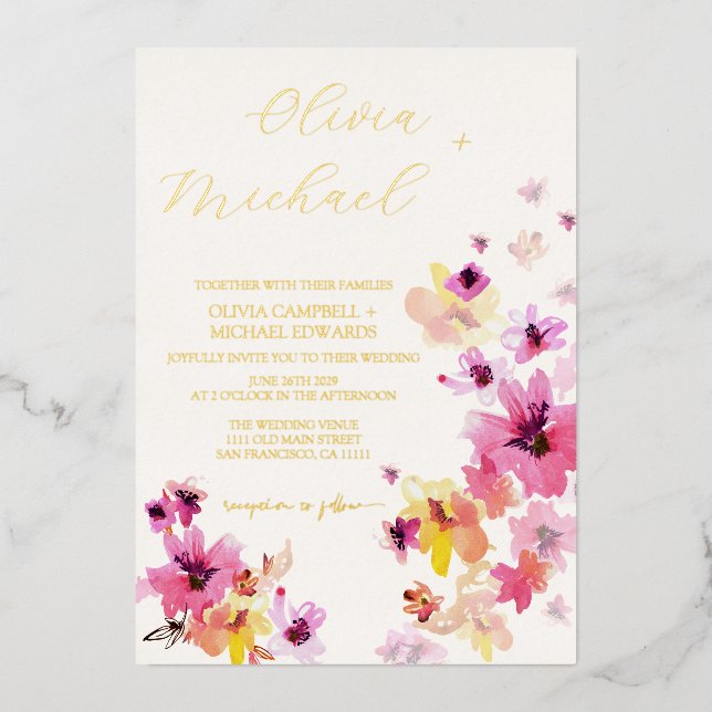 Rosa Blütengelbe Blumen Botanische Hochzeit Gold Folieneinladung (Vorderseite)