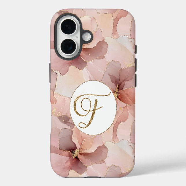 Rosa Blütengold Glitzer Buchstabe F iPhone 16 Hülle (Rückseite)