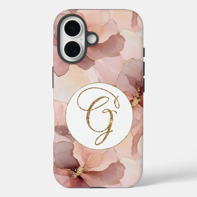 Rosa Blütengold Glitzer Buchstabe G iPhone 16 Hülle (Rückseite)