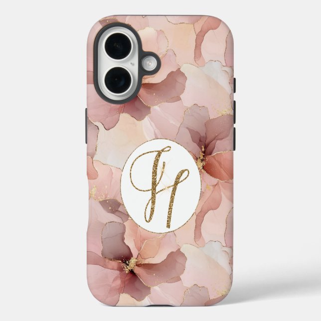 Rosa Blütengold Glitzer Letter H iPhone 16 Hülle (Rückseite)