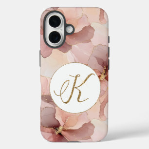 Rosa Blütengold Glitzer Letter K iPhone 16 Hülle