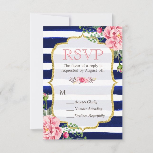 Rosa Blütengold Glitzer Navy Blau Streifen UAWG RSVP Karte (Vorderseite)