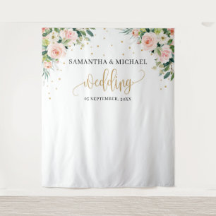 Rosa Blütengold Grüne Hochzeitskulisse Wandteppich