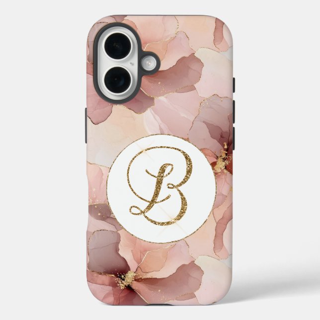 Rosa Blütengoldfarben Glitzer Letter B iPhone 16 Hülle (Rückseite)