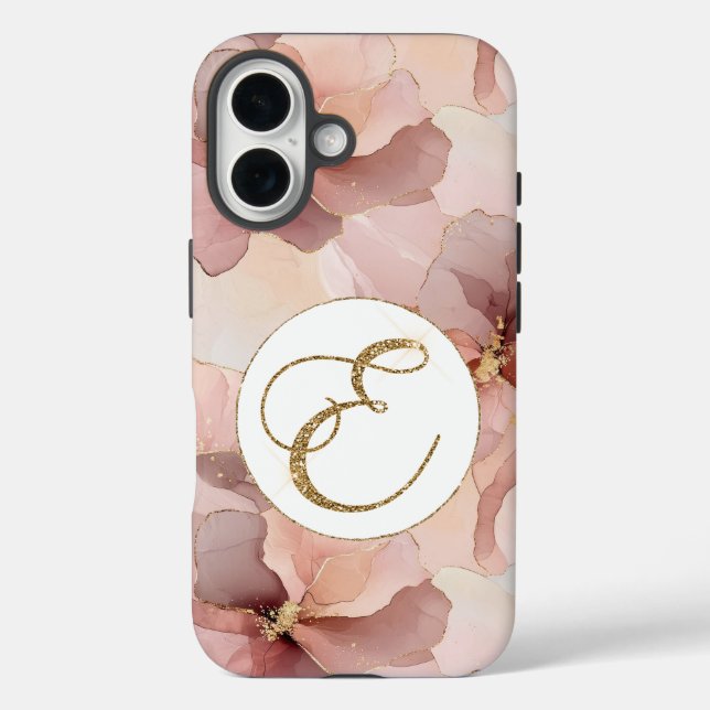Rosa Blütengoldfarben Glitzer Letter E iPhone 16 Hülle (Rückseite)