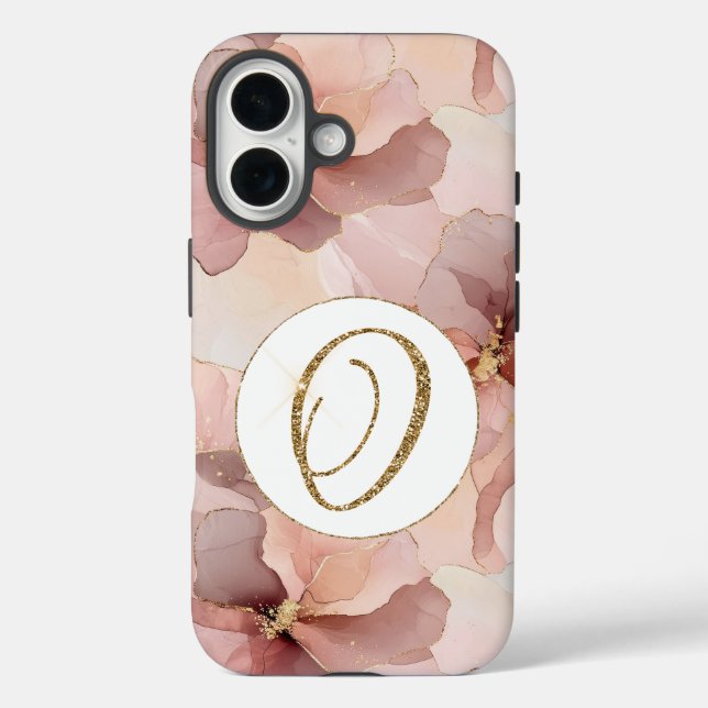 Rosa Blütengoldfarben Glitzer Letter O iPhone 16 Hülle (Rückseite)