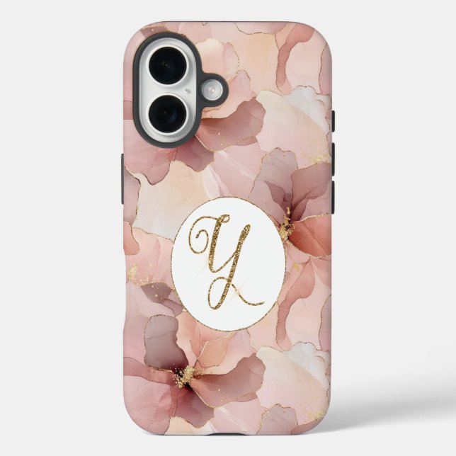 Rosa Blütengoldfarben Glitzer Letter Y iPhone 16 Hülle (Rückseite)