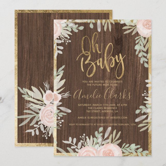 Rosa Blütengoldgrenze rustikales Holz Babydusche Einladung (Vorne/Hinten)