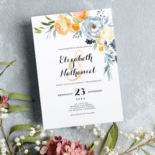 Rosa Blütenhochzeit Einladung (Country chic orange blue white floral wedding invitation )