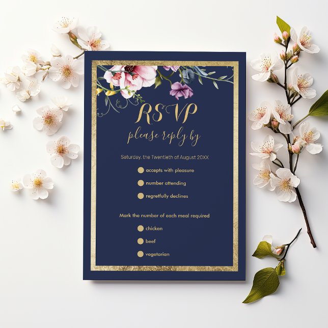 Rosa Blütenhochzeit in Rosa RSVP Karte (Elegant navy blue gold pink floral wedding RSVP )