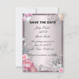 Rosa Blütenkarte Save the Date mit Schmetterling Einladung
