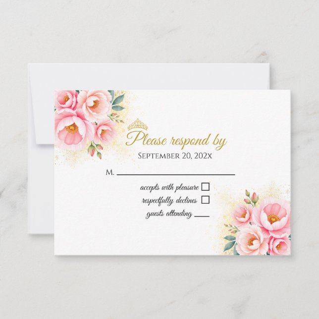 Rosa Blütenkarte und Gold Quinceańera RSVP-Karte RSVP Karte (Vorderseite)