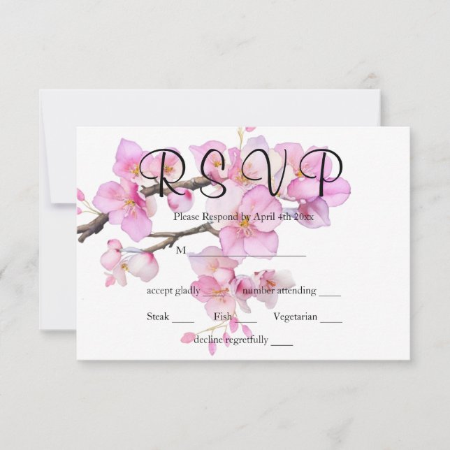 Rosa Blütenkirschblütenblütenkalligraphie RSVP Karte (Vorderseite)