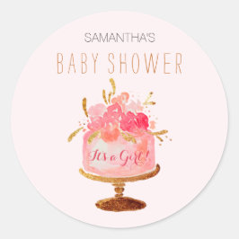 Rosa Blütenkuchen mit einem Girl-Baby-Aufkleber Runder Aufkleber