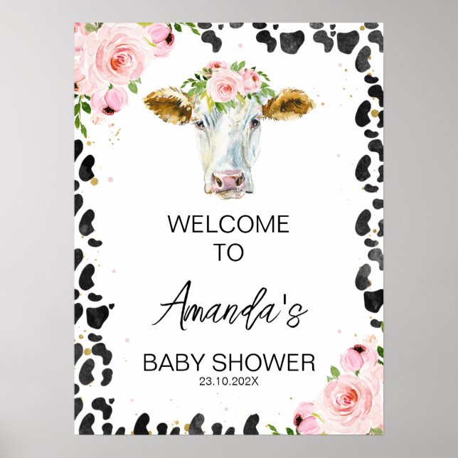 Rosa Blütenkuh Print Holy Cow Baby Dusche Willkomm Poster (Vorne)