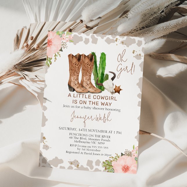 Rosa Blütenkuh Printwerbung Kleine Cowgirl Babydus Einladung (Cowgirl Baby Shower Invitation Template, Wild West Little Cowgirl Invite, Western Themed, Rodeo
)