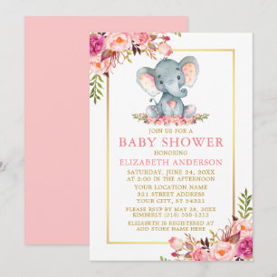 Rosa Blütenlephant Baby Dusche Gold Rahmen Einladung