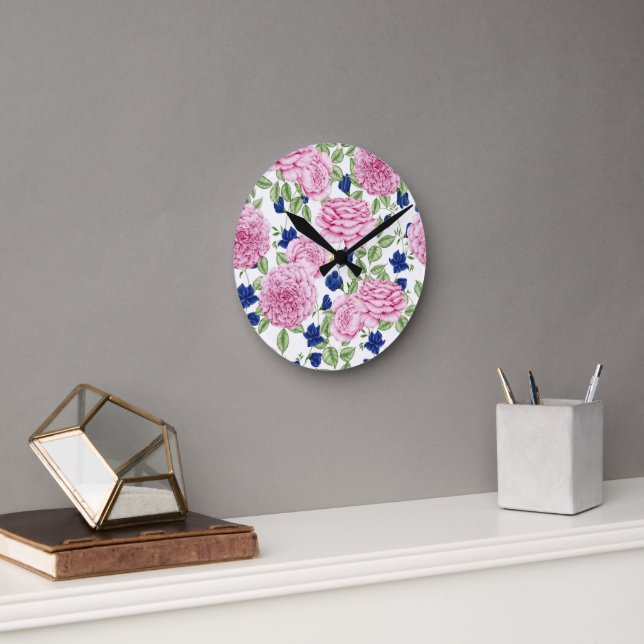 Rosa Blütenmuster Runde Wanduhr (Büro)