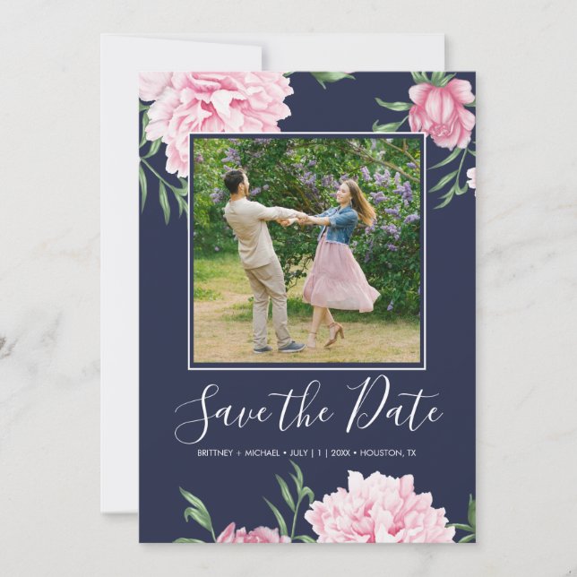 Rosa Blütenpink Botanische Marine Elegantes Foto Save The Date (Vorderseite)
