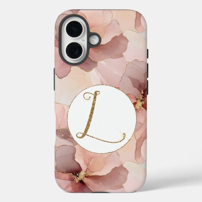 Rosa Blütenpinsel Glitzer Letter L iPhone 16 Hülle (Rückseite)