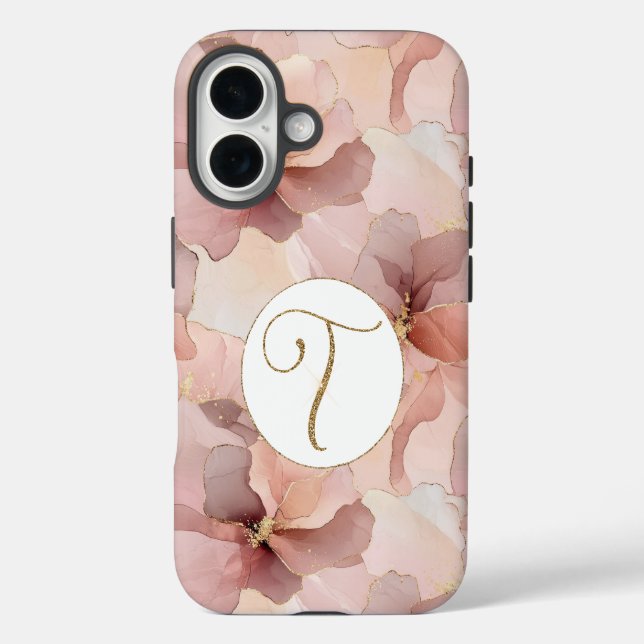 Rosa Blütenpinsel Glitzer Letter T iPhone 16 Hülle (Rückseite)