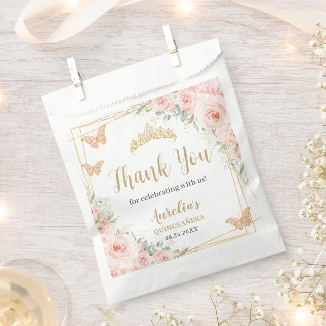 Rosa Blütenpinsel Gold Butterfiles Quinceanera XV Geschenktütchen (Ausgeschnitten)