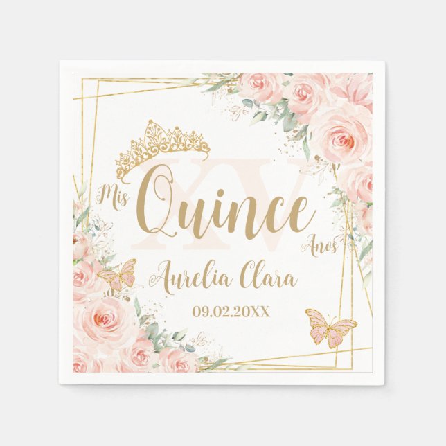 Rosa Blütenpinsel Gold Butterfiles Quinceanera XV Serviette (Vorderseite)