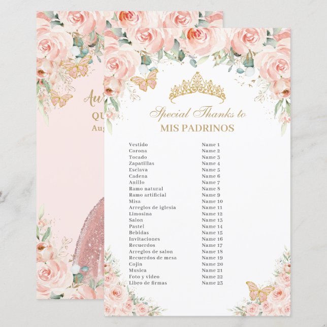 Rosa Blütenpinsel Gold Quinceñera Mis Padrinos (Vorne/Hinten)