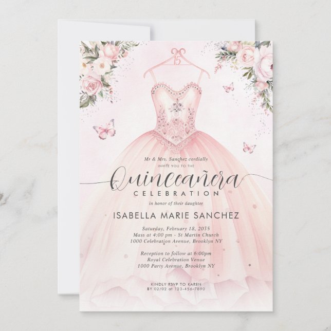 Rosa Blütenpinsel Prinzessin Gown Dress Quinceaner Einladung (Vorderseite)