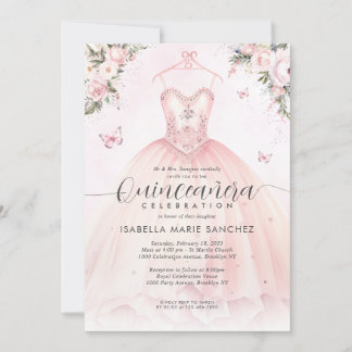 Rosa Blütenpinsel Prinzessin Gown Dress Quinceaner Einladung