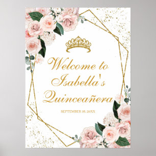 Rosa Blütenpinsel Quinceanera Begrüßungszeichen Poster