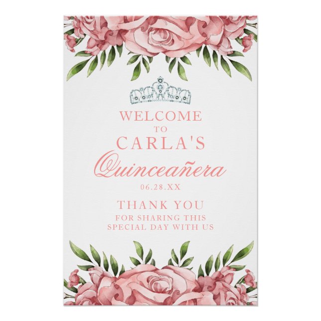 Rosa Blütenpinsel Quinceanera Begrüßungszeichen Poster (Vorderseite)
