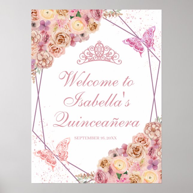 Rosa Blütenpinsel Quinceanera Begrüßungszeichen Poster (Vorne)