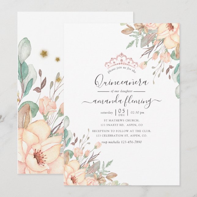 Rosa Blütenpinsel Quinceñera Einladung (Vorne/Hinten)