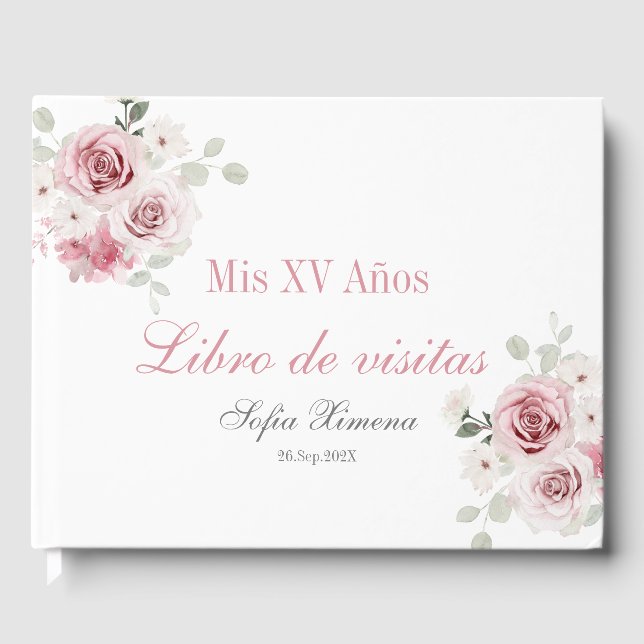 Rosa Blütenpinsel Quinceñera Gästebuch (Vorderseite)