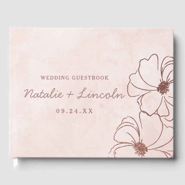 Rosa Blütenpinsel und Rose Goldene Foil Border Wed Gästebuch (Vorderseite)