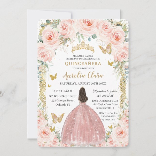 Rosa Blütenpinsel Vintag Gold Quinceñera Einladung (Vorderseite)