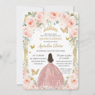 Rosa Blütenpinsel Vintag Gold Quinceñera Einladung