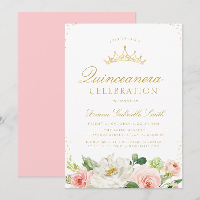 Rosa Blütenpracht Einladung zur Quinceanera (Vorne/Hinten)
