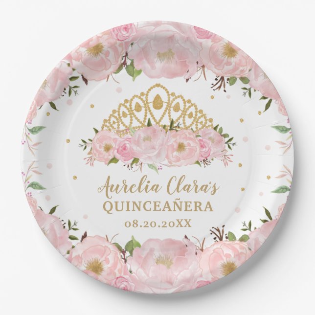 Rosa Blütenpracht Prinzessin Tiara Crown QUINCEAÑE Pappteller (Vorderseite)