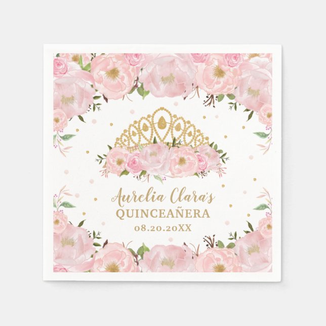 Rosa Blütenpracht Prinzessin Tiara Crown QUINCEAÑE Serviette (Vorderseite)