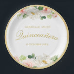 Rosa Blütenpracht Quinceanera Pappteller<br><div class="desc">Die schöne Aquarellfarbe Rosa Blumengestalt mit goldenem Text.</div>