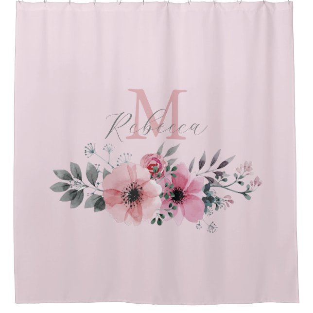 Rosa blütenrosa Aquarellmonogramm Duschvorhang (Vorderseite)