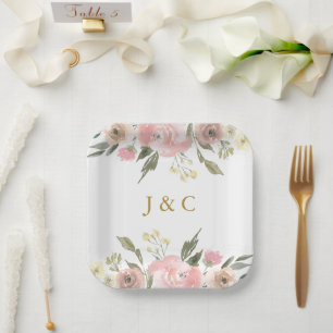 Rosa Blütenrosa-Monogramm-Hochzeit Pappteller